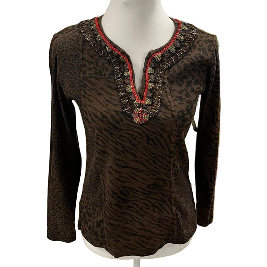 Chico's Animal Print Bead Embellished Collar Top Size Small