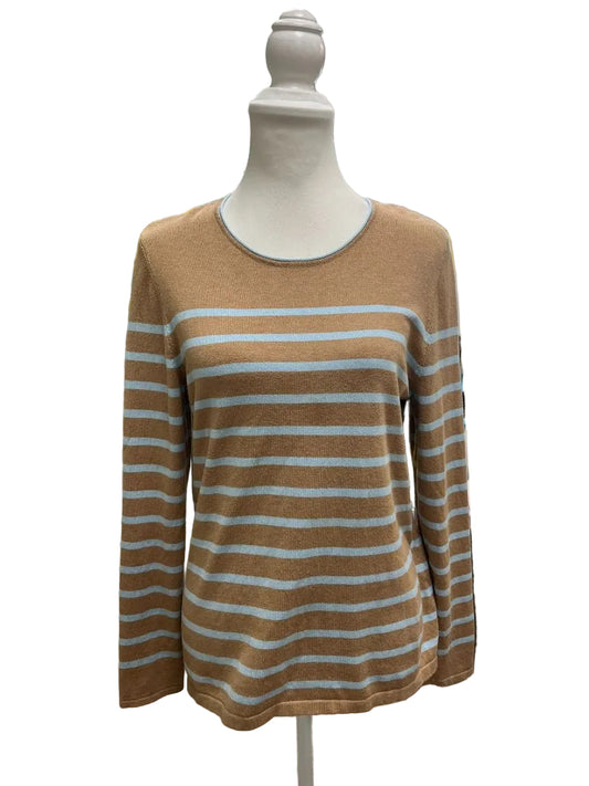 J. McLaughlin Tan Brown and Blue Striped Sweater