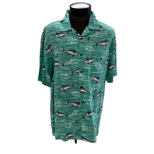 Ocean +Coast Short Sleeve Green Fish Button Down Shirt Size Large