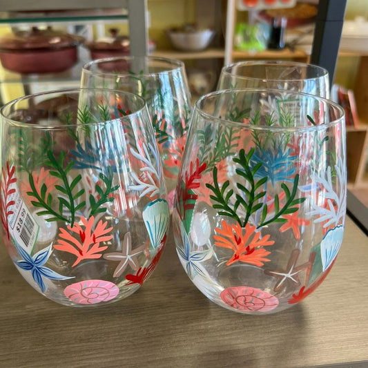 Set of 4 Coastal Hand Painted Stemless Wine Glasses