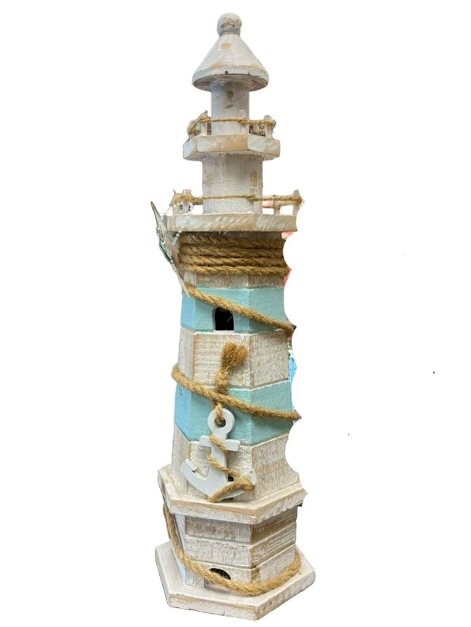 Wooden White and Soft Teal Lighthouse Figurine 12 inches
