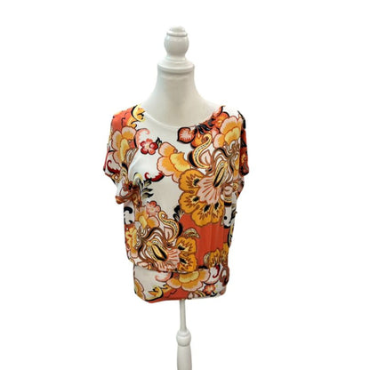 Chico's Touch of Cool Orange Yellow & White Floral Banded Hem Tee Size Medium