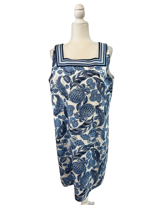 Talbots Textured Square-Neck Dress Blue Island Pineapple Print Size 14