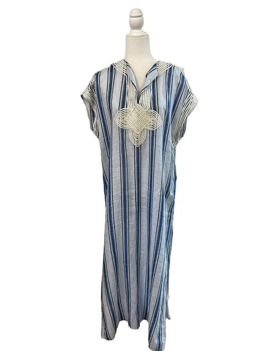 Tory Burch Blue and White Awning Stripe Caftan Maxi Dress Size Large