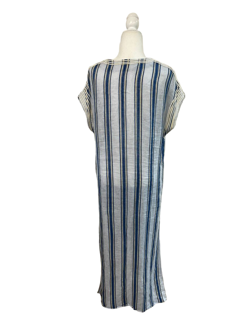 Tory Burch Blue and White Awning Stripe Caftan Maxi Dress Size Large