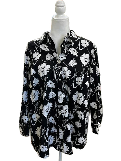 Ralph Lauren Black and White Floral Button Down Cotton Blouse Size 1X