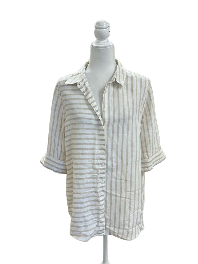 Chico’s Cream and Light Brown Striped Linen Button Down Shirt Size LP