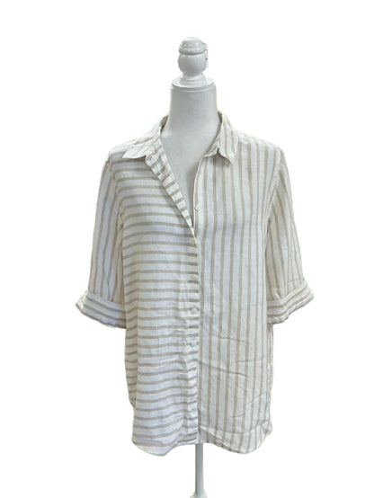 Chico’s Cream and Light Brown Striped Linen Button Down Shirt Size LP