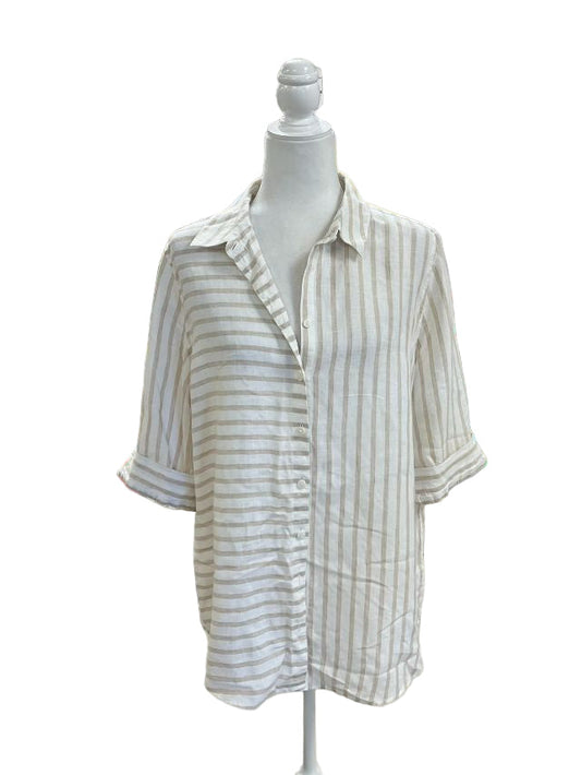 Chico’s Cream and Light Brown Striped Linen Button Down Shirt Size LP