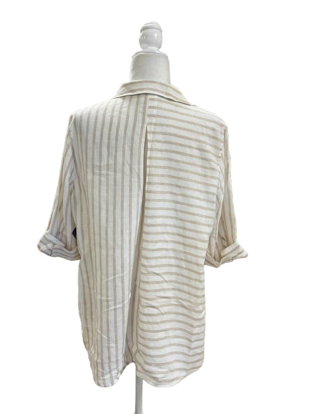 Chico’s Cream and Light Brown Striped Linen Button Down Shirt Size LP