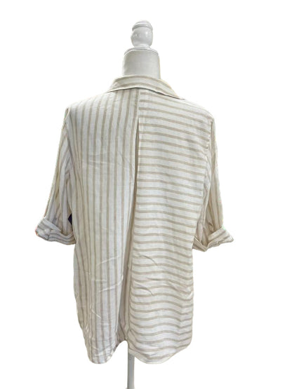Chico’s Cream and Light Brown Striped Linen Button Down Shirt Size LP