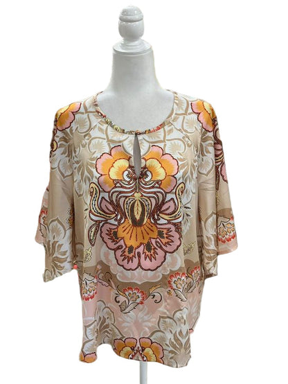 Chico’s Satin Floral Keyhole Neck Blouse Size Large
