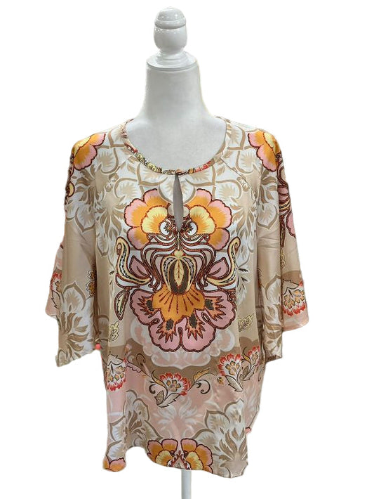 Chico’s Satin Floral Keyhole Neck Blouse Size Large
