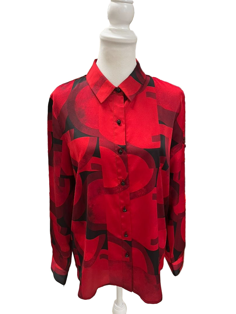 Karl Lagerfield Red and Black Silky Satin Like Long Sleeve Blouse Size Large