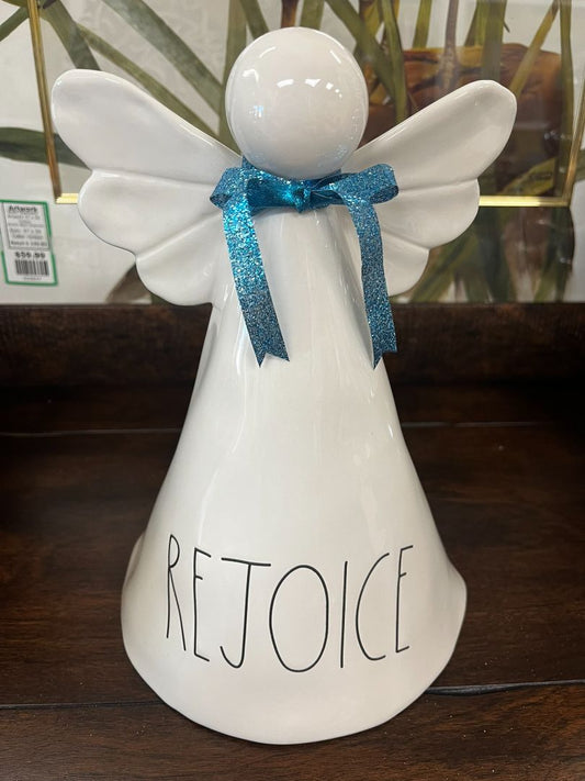 Rae Dunn White "Rejoice" Angel with Blue Sparkle Ribbon