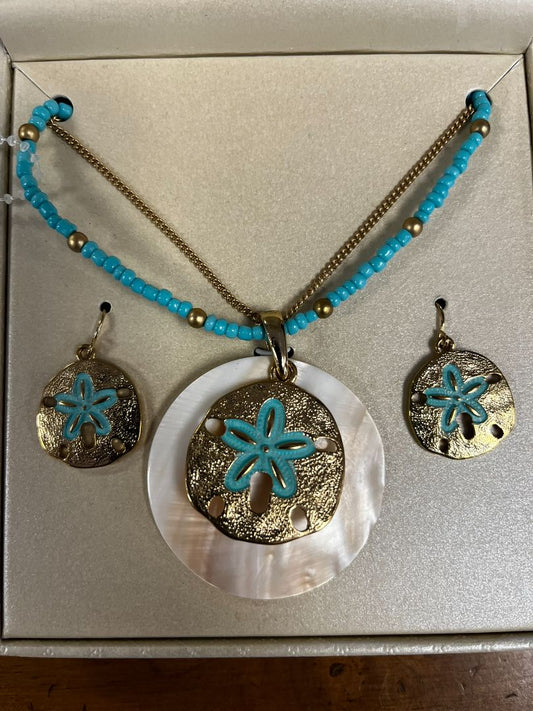 NWT Shell Gold & Turquoise Earring & Necklace Set