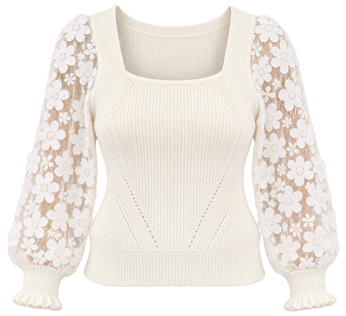 Industry White Floral Lace Sleeve Sweater – Size Large
