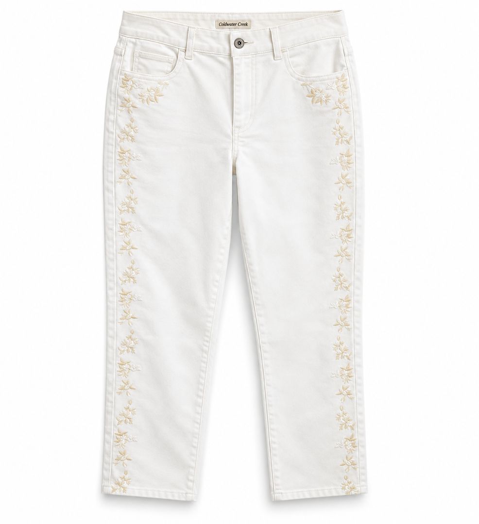 Coldwater Creek Ivory Floral Embroidered Jeans – Size 8