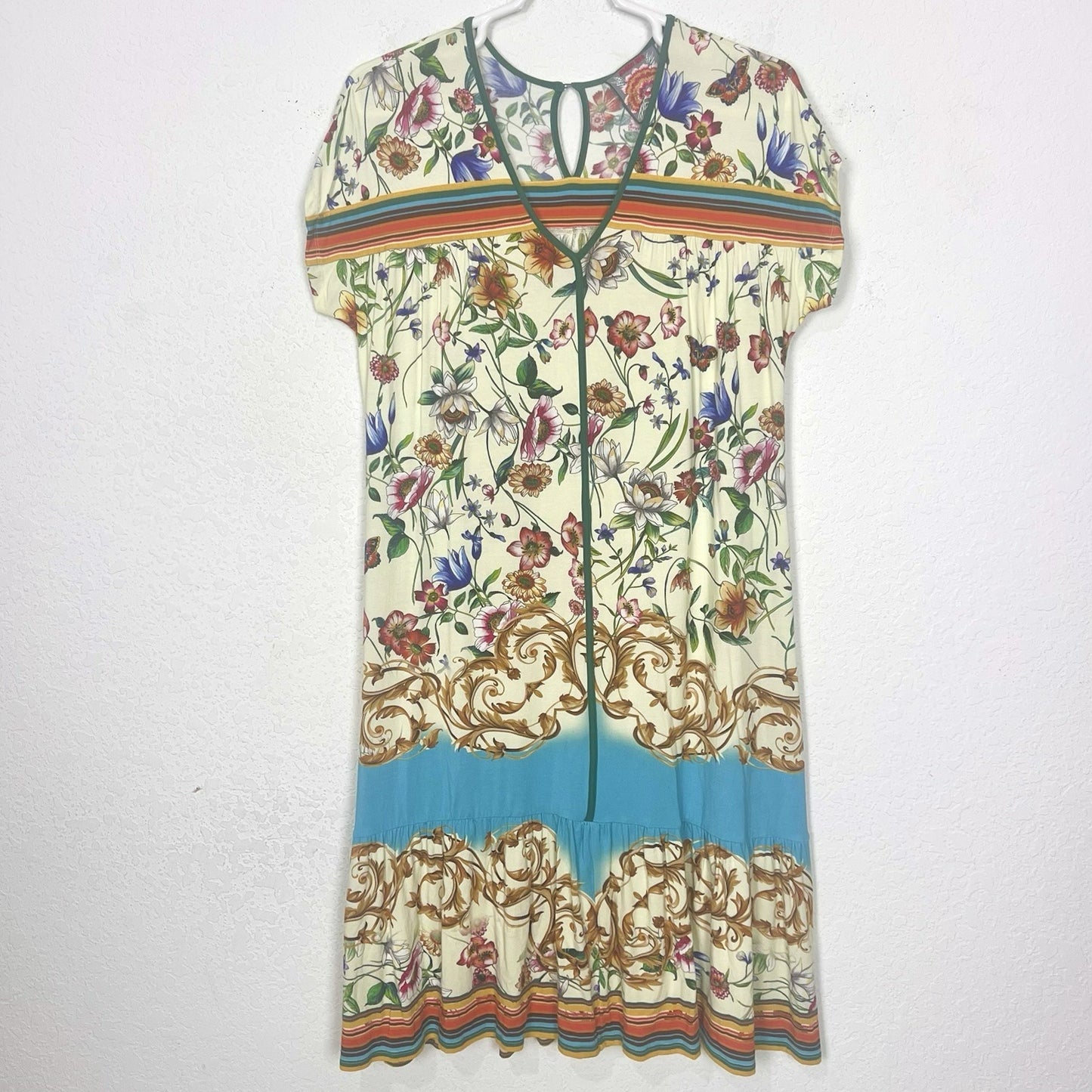 Johnny Was Felix Trapeze Floral & Striped Banboo Midi Casual Dress Medium M