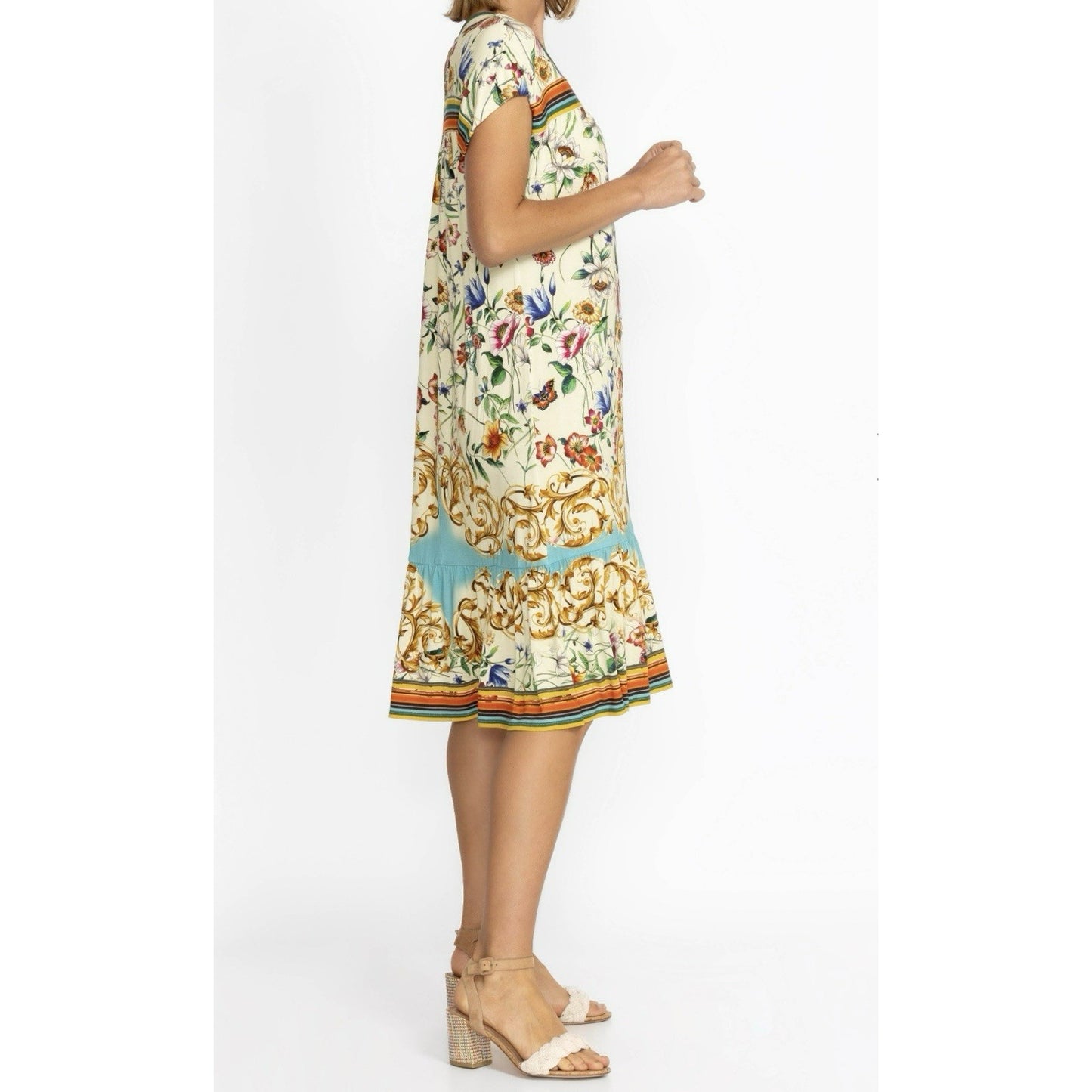 Johnny Was Felix Trapeze Floral & Striped Banboo Midi Casual Dress Medium M