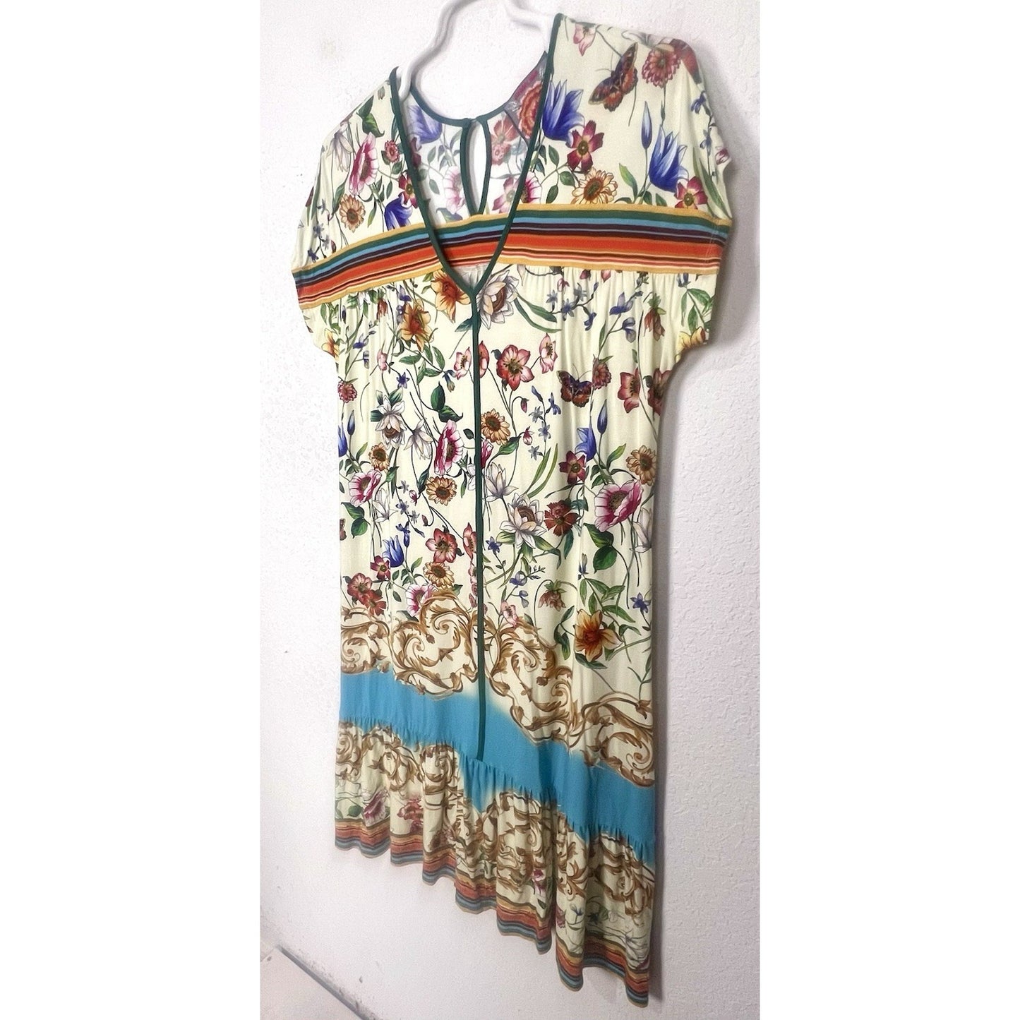 Johnny Was Felix Trapeze Floral & Striped Banboo Midi Casual Dress Medium M