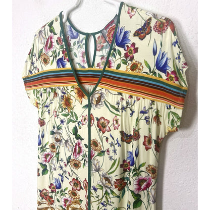 Johnny Was Felix Trapeze Floral & Striped Banboo Midi Casual Dress Medium M
