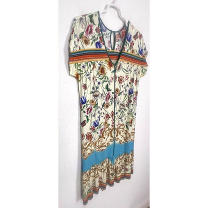 Johnny Was Felix Trapeze Floral & Striped Banboo Midi Casual Dress Medium M