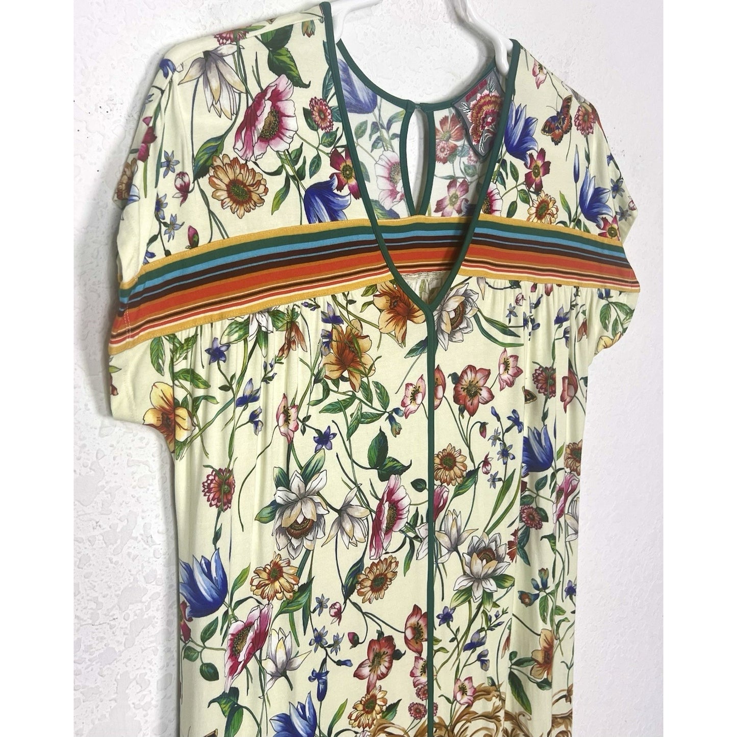 Johnny Was Felix Trapeze Floral & Striped Banboo Midi Casual Dress Medium M