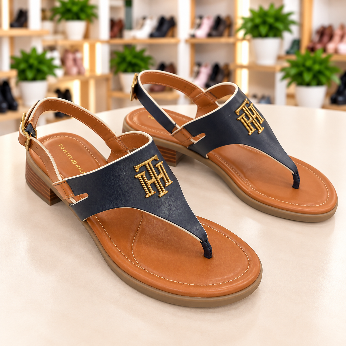 Tommy Hilfiger Women's Navy Blue & Tan Sandals – Size 8