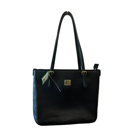 Anne Klein Black Faux Leather Tote Bag With Gold-Tone Lion Logo & Dual Handles