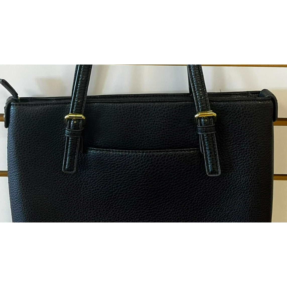 Anne Klein Black Faux Leather Tote Bag With Gold-Tone Lion Logo & Dual Handles