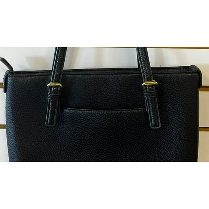 Anne Klein Black Faux Leather Tote Bag With Gold-Tone Lion Logo & Dual Handles