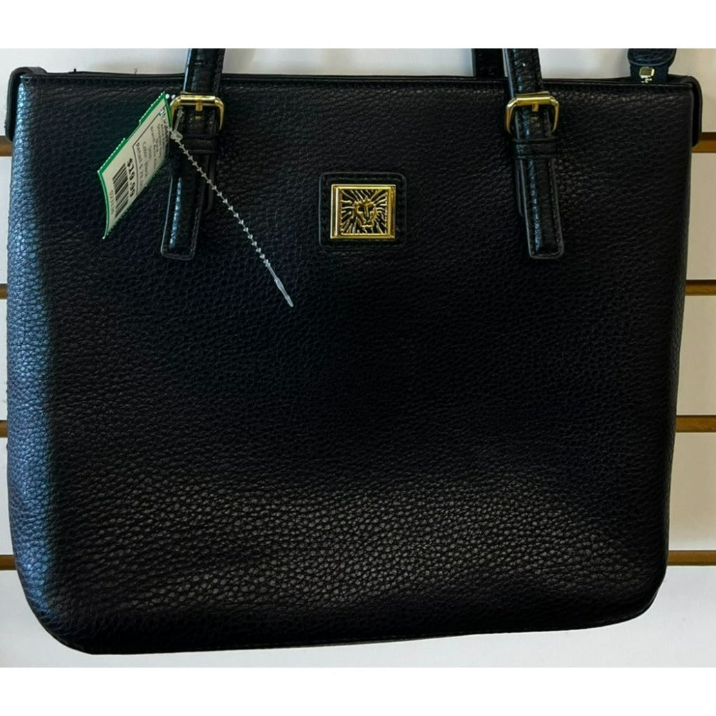 Anne Klein Black Faux Leather Tote Bag With Gold-Tone Lion Logo & Dual Handles