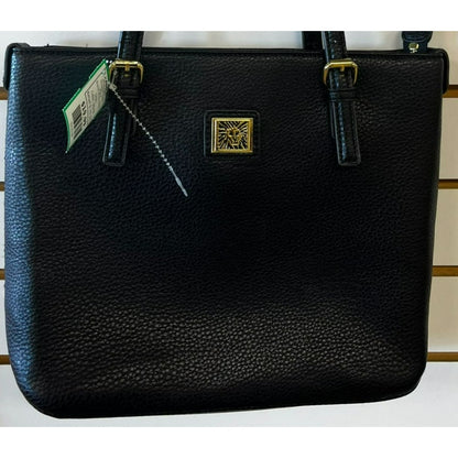 Anne Klein Black Faux Leather Tote Bag With Gold-Tone Lion Logo & Dual Handles