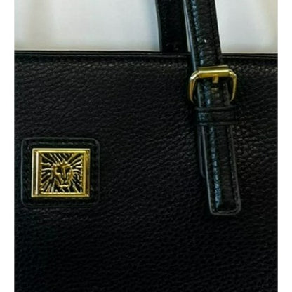 Anne Klein Black Faux Leather Tote Bag With Gold-Tone Lion Logo & Dual Handles