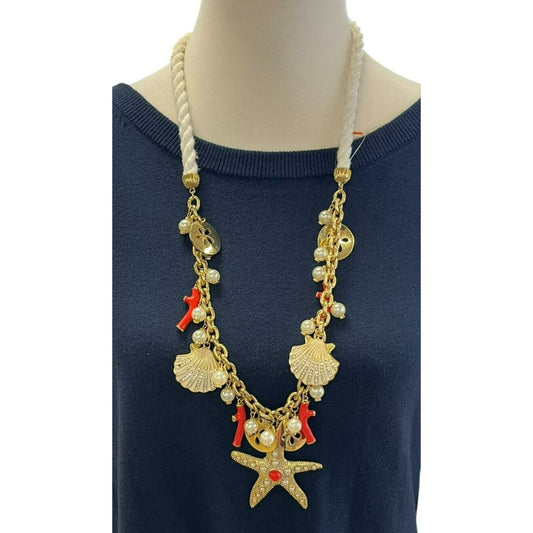 Lilly Pulitzer CHOWDAH Necklace Starfish Shells Coral Gold Tone 28"-30"