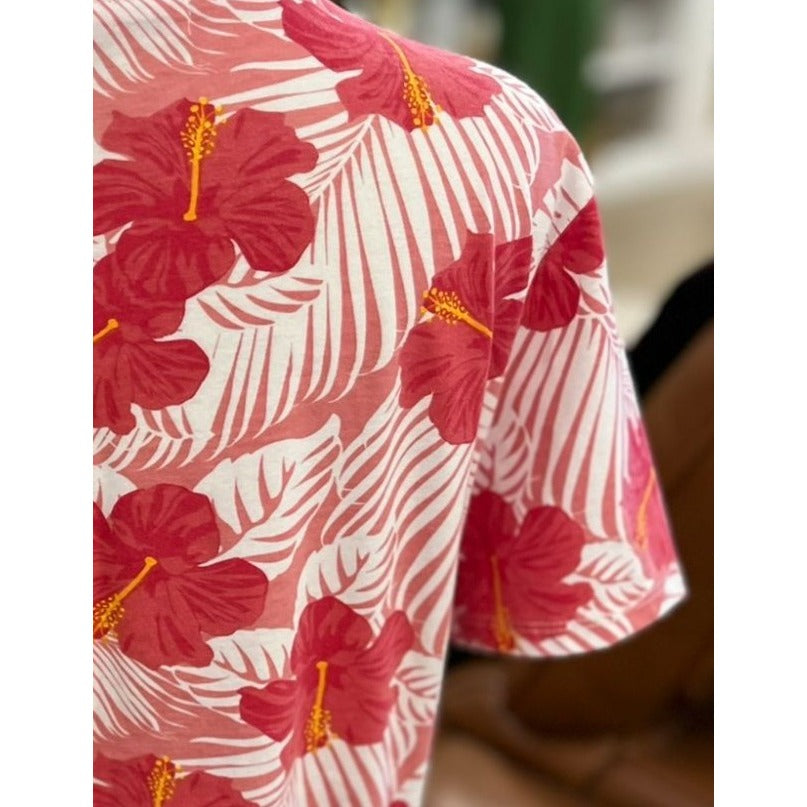 Fresh Produce Pink Hawaiian Floral Print Top 100% Cotton Blend Size Large