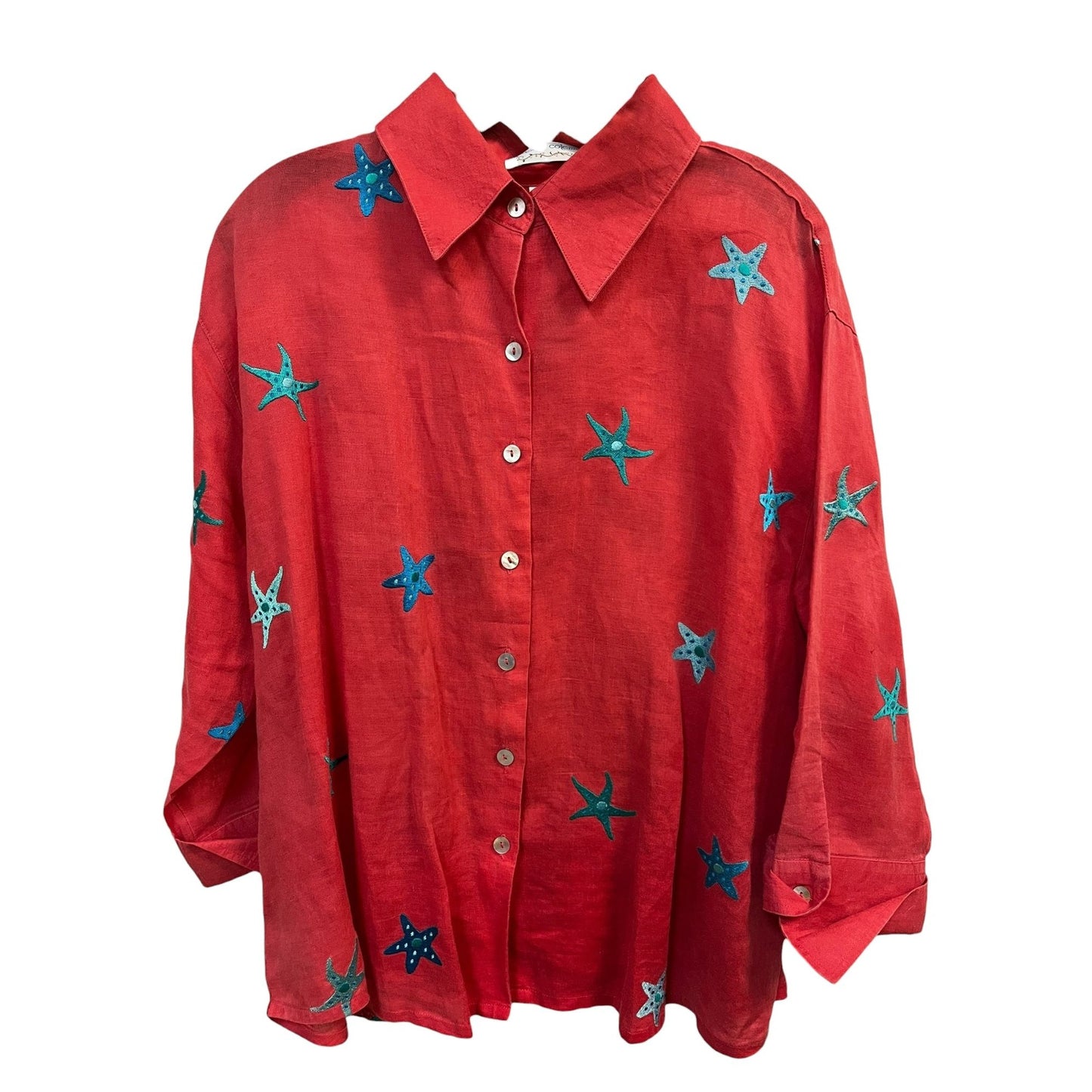Casey Coleman 100% Linen Shirt with Teal and Blue Embroidered Star Fish Size XL