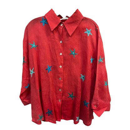 Casey Coleman 100% Linen Shirt with Teal and Blue Embroidered Star Fish Size XL