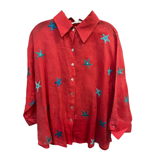 Casey Coleman 100% Linen Shirt with Teal and Blue Embroidered Star Fish Size XL