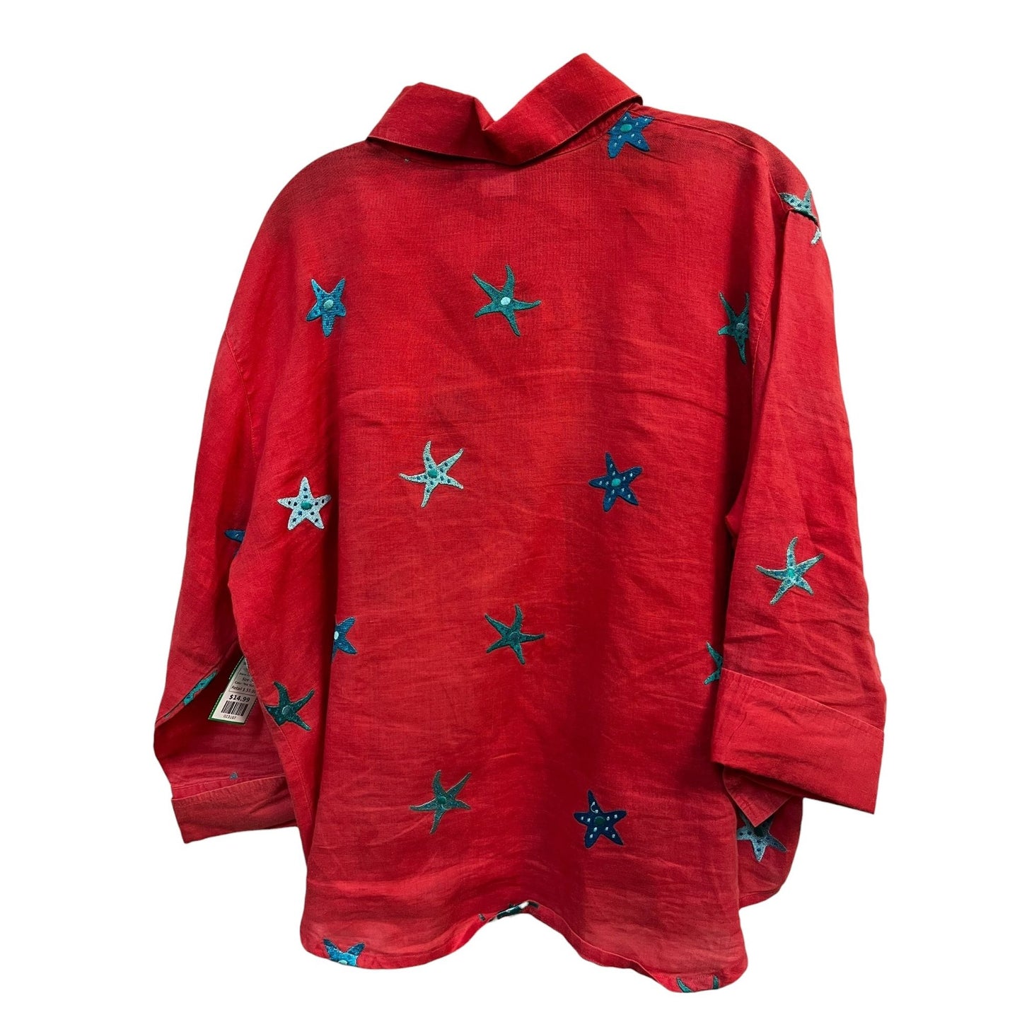 Casey Coleman 100% Linen Shirt with Teal and Blue Embroidered Star Fish Size XL