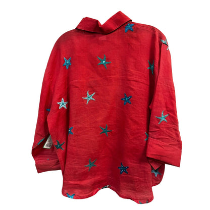 Casey Coleman 100% Linen Shirt with Teal and Blue Embroidered Star Fish Size XL