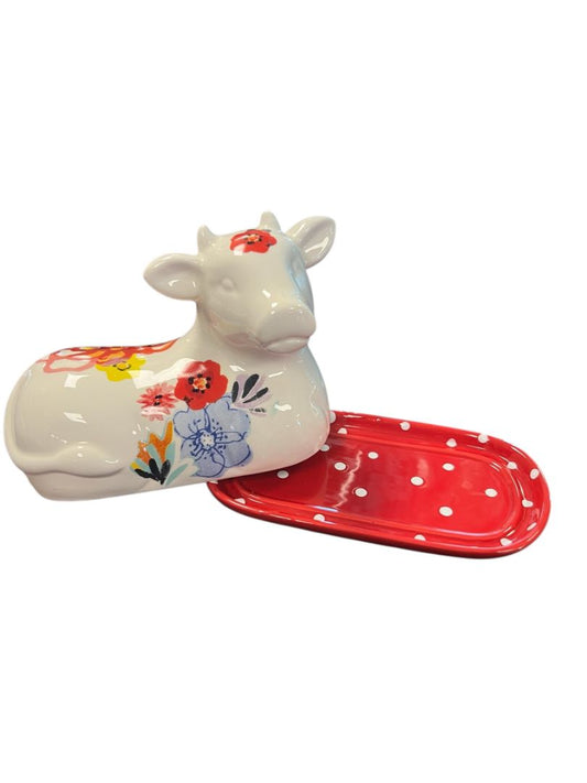 Cow Butter Dish on Red Base by Pioneer Woman