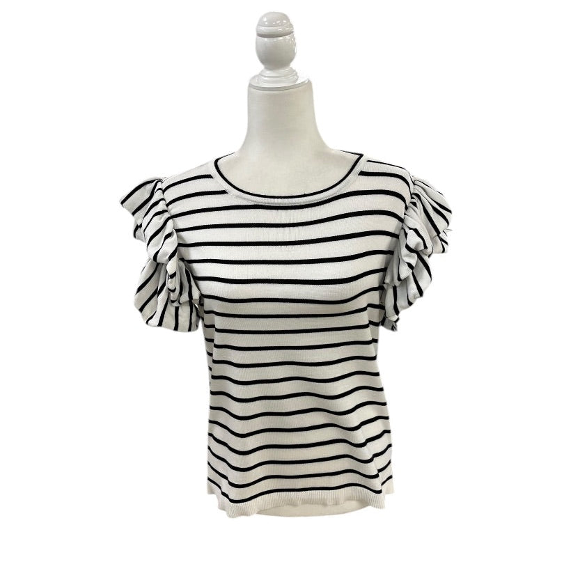 Crown & Ivy White and Black Striped Ruffle Sleeve Top Size Small