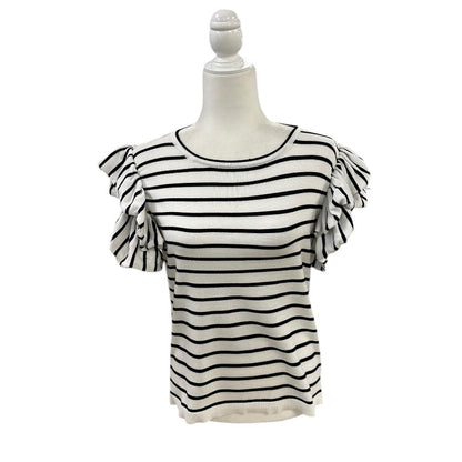 Crown & Ivy White and Black Striped Ruffle Sleeve Top Size Small