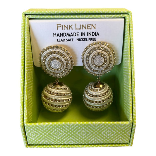 Pink Linen White Crystal Ball Drop Earrings NIB