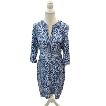 J .McLaughlin Lola Knit Split V-Neck 3/4 Sleeve Blue & White Dress Size Medium