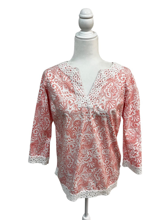 Vineyard Vines Peach Seashell Print Lace-Trim Tunic Size Small