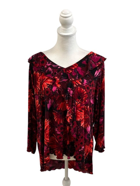Red and Purple Floral V-Neck Top by Avenue