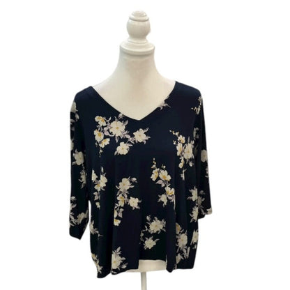 J. Jill Navy Blue Floral Cream Top Size XL